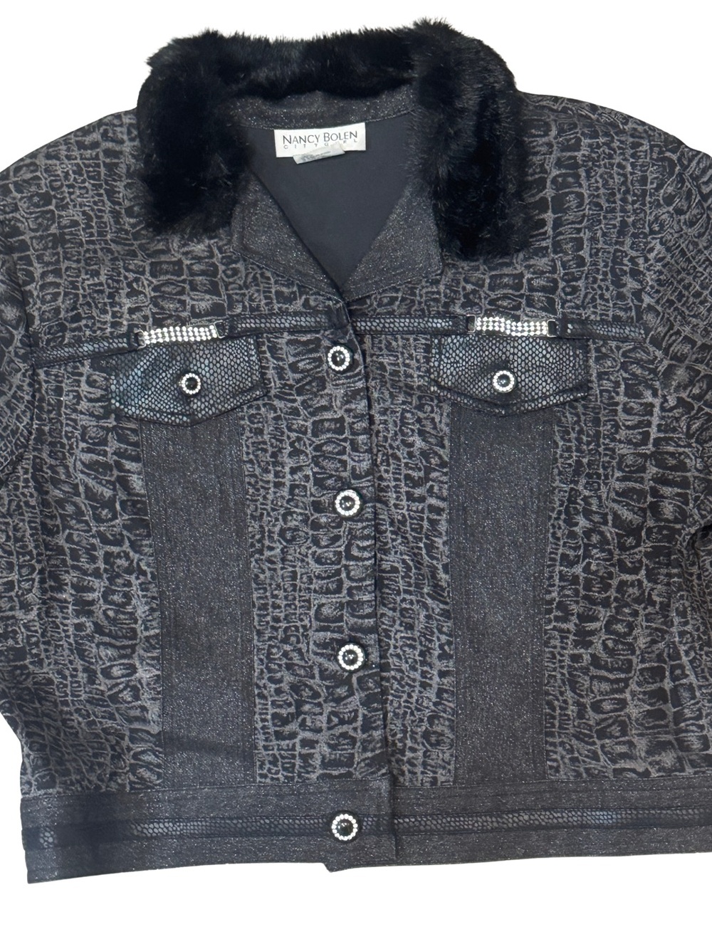 Nancy Bolen Vtg 90’s Black Snakeskin Textured Faux Fur Collar Jacket